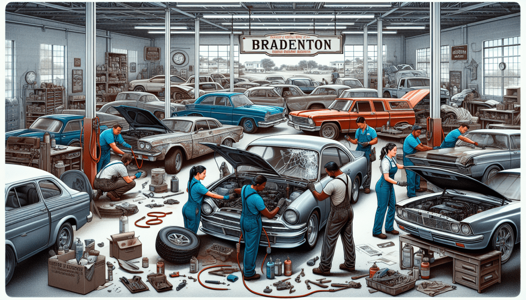 Illustration of a body shop in Bradenton repairing various types of vehicle damage
