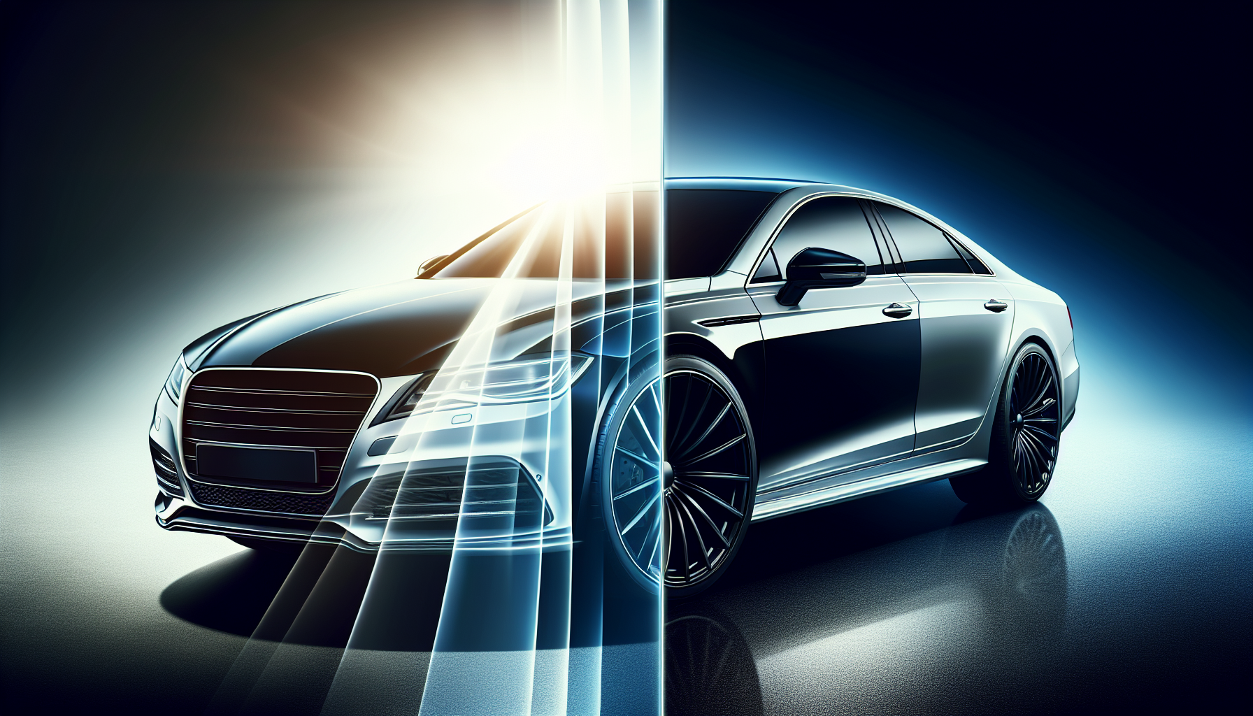 Before and after illustration of a vehicle's transformation after window tint installation